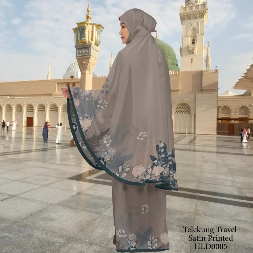 Telekung Travel Satin Printed (Awning Moss Crepe Berdagu) in HLD0005
